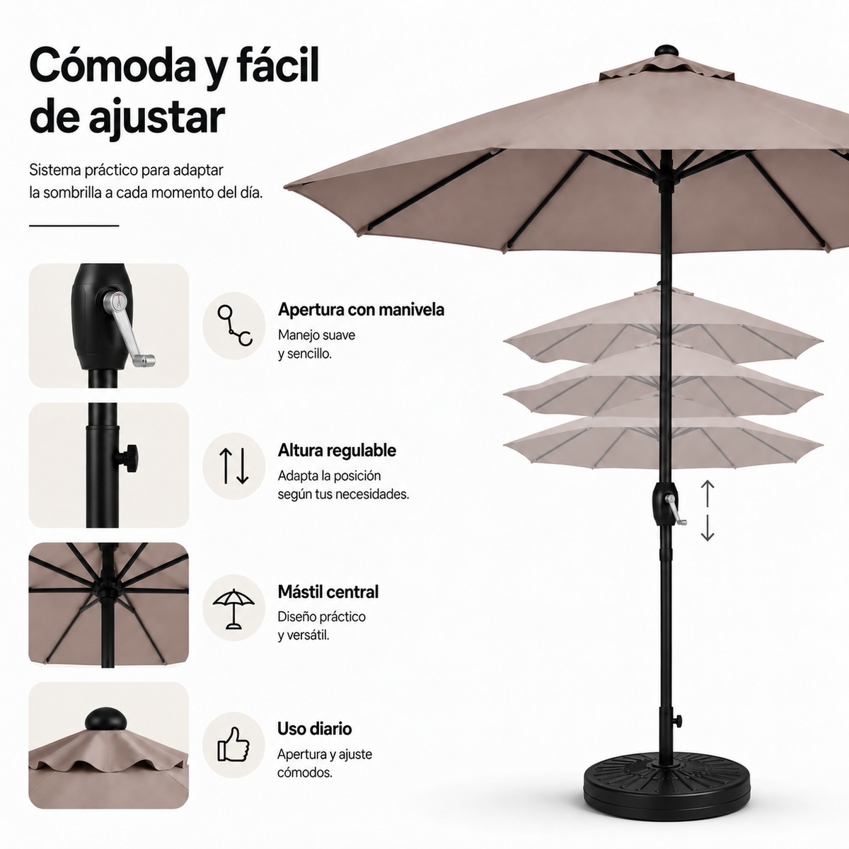 Pack parasol droit 3 m kaki + base ronde à remplir