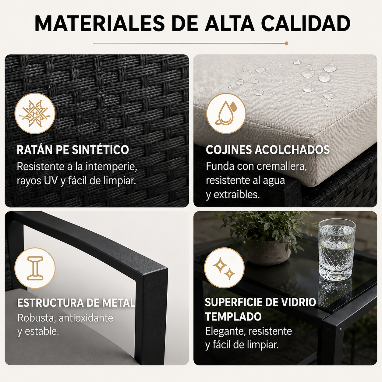 Set da giardino esterno in rattan PE 3 pezzi con tavolino laterale e cuscini imbottiti per terrazza, balcone e patio