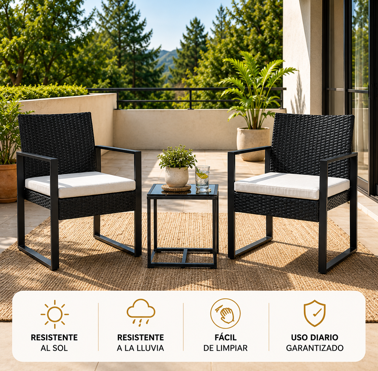 Set da giardino esterno in rattan PE 3 pezzi con tavolino laterale e cuscini imbottiti per terrazza, balcone e patio