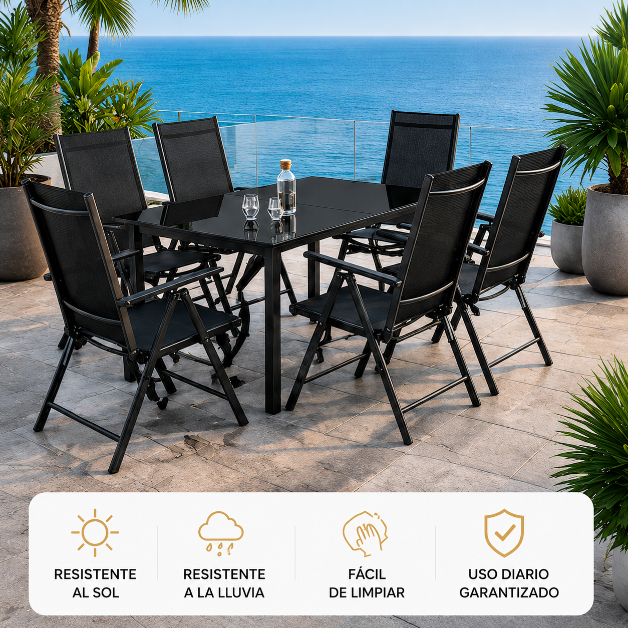 Set da giardino esterno 7 pezzi alluminio sedie reclinabili vetro