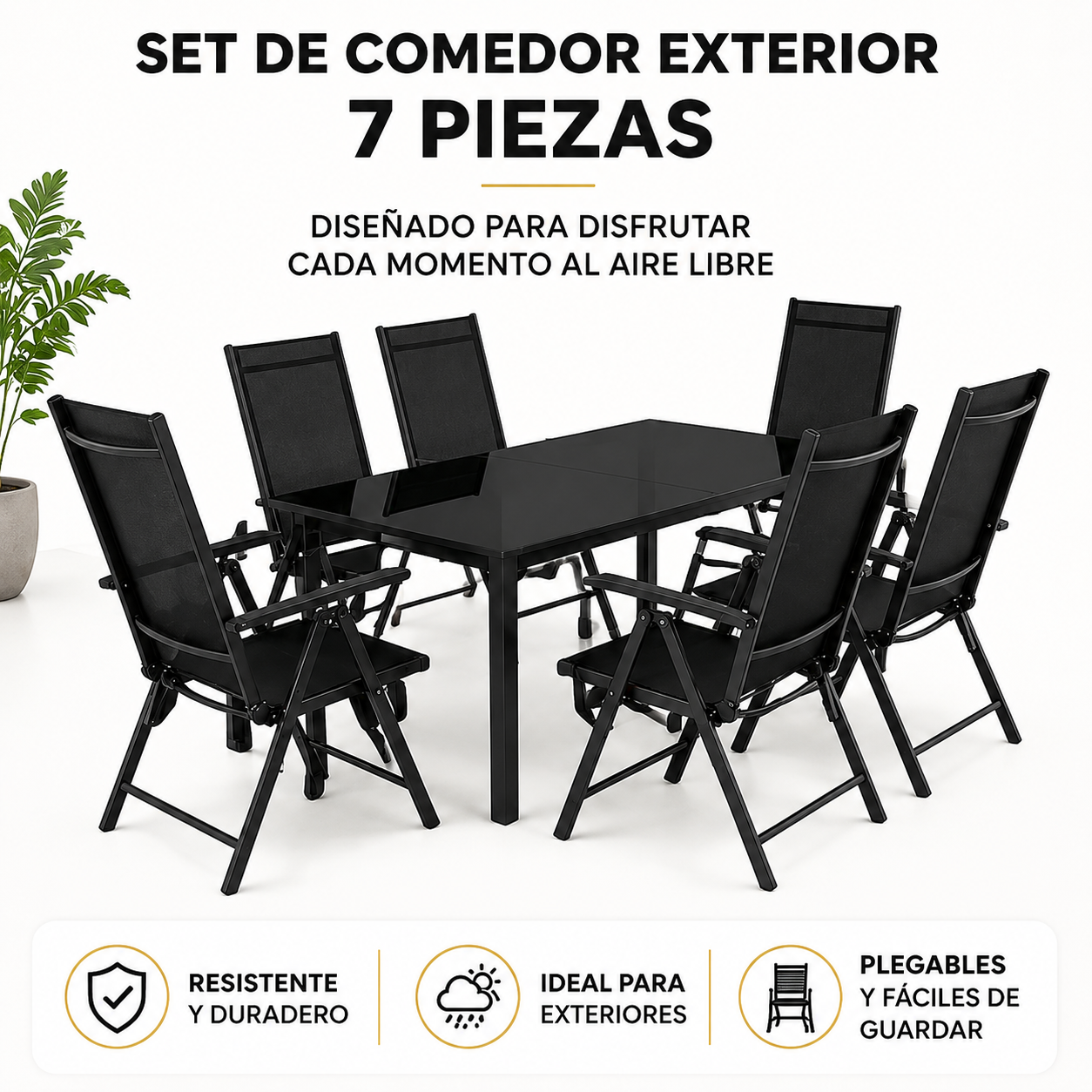 Set da giardino esterno 7 pezzi alluminio sedie reclinabili vetro