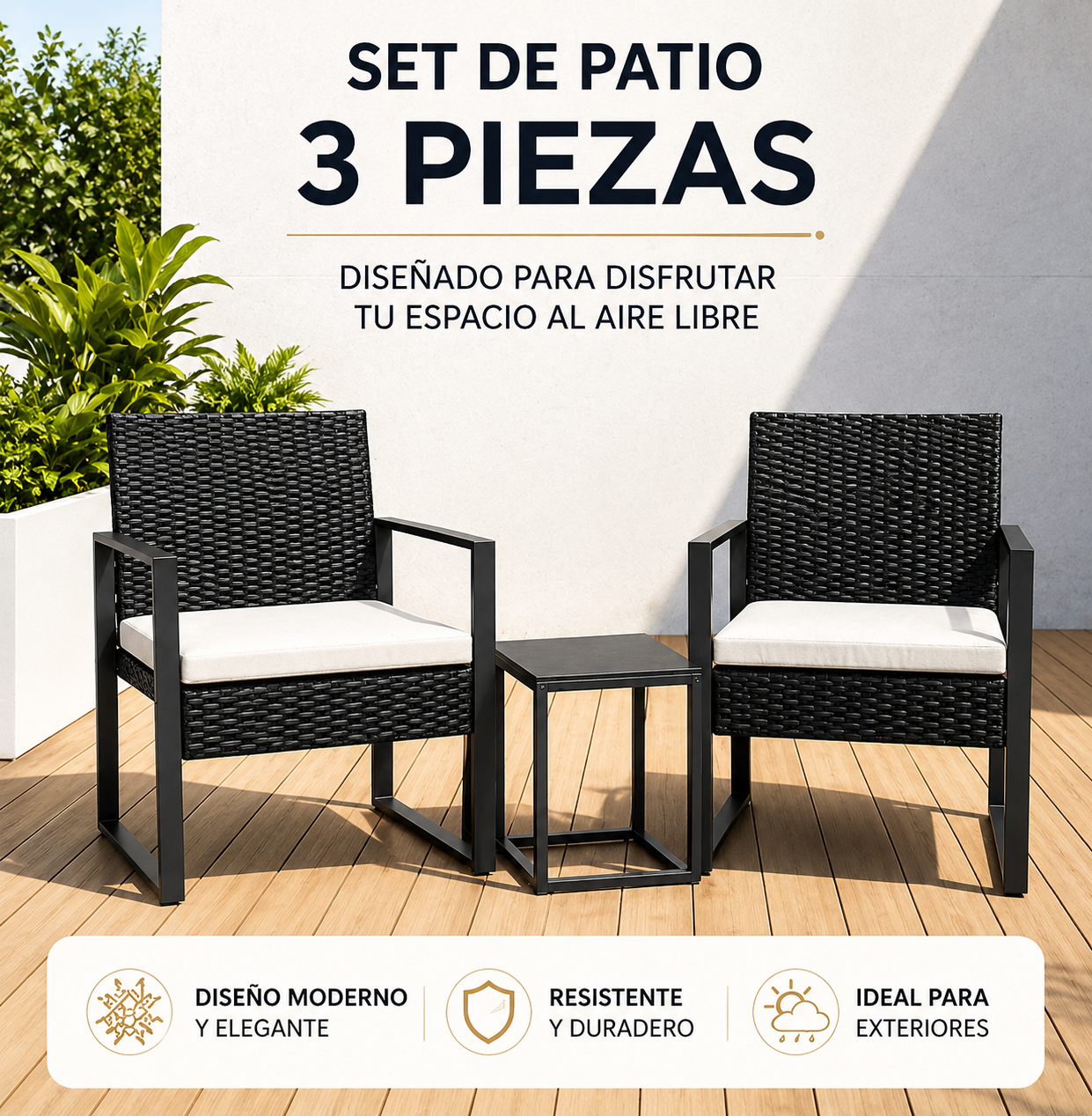 Set da giardino esterno in rattan PE 3 pezzi con tavolino laterale e cuscini imbottiti per terrazza, balcone e patio