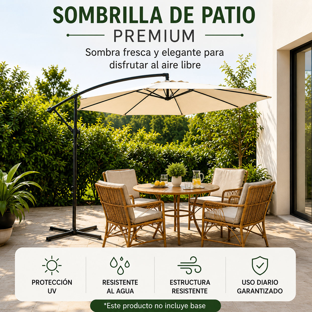 Seitlicher Garten-Sonnenschirm, 360° neigbar, mit seitlichem Mast, Kurbel und UV-Sonnenschutz, beige, ohne Basis