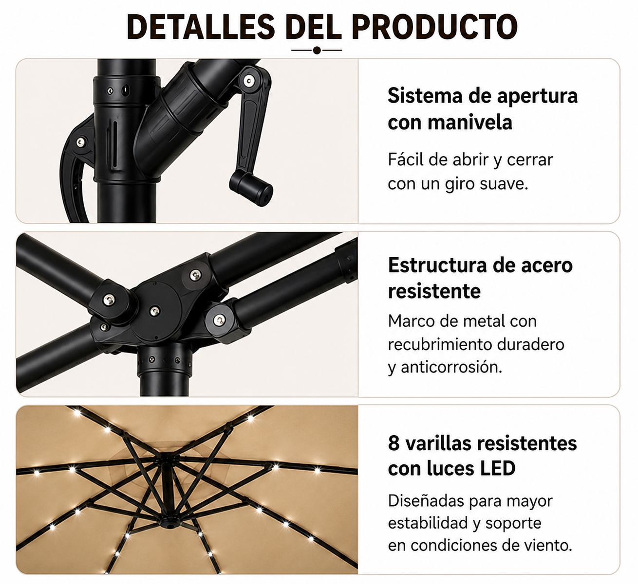 Sombrilla lateral LED kaki