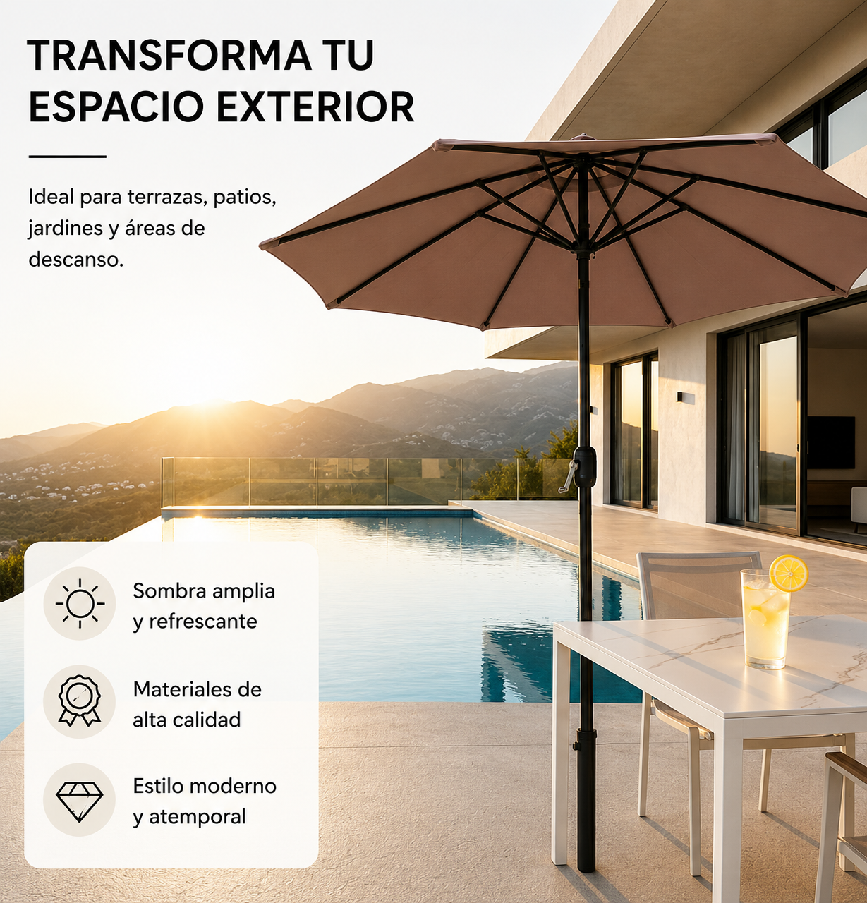 Zentraler Gartenschirm mit Kurbel, UV-Schutz und Stahlmast, Farbe Khaki, ohne Ständer