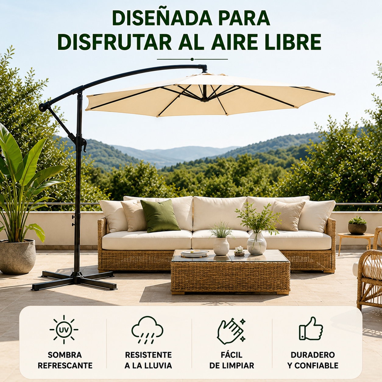 Seitlicher Garten-Sonnenschirm, 360° neigbar, mit seitlichem Mast, Kurbel und UV-Sonnenschutz, beige, ohne Basis