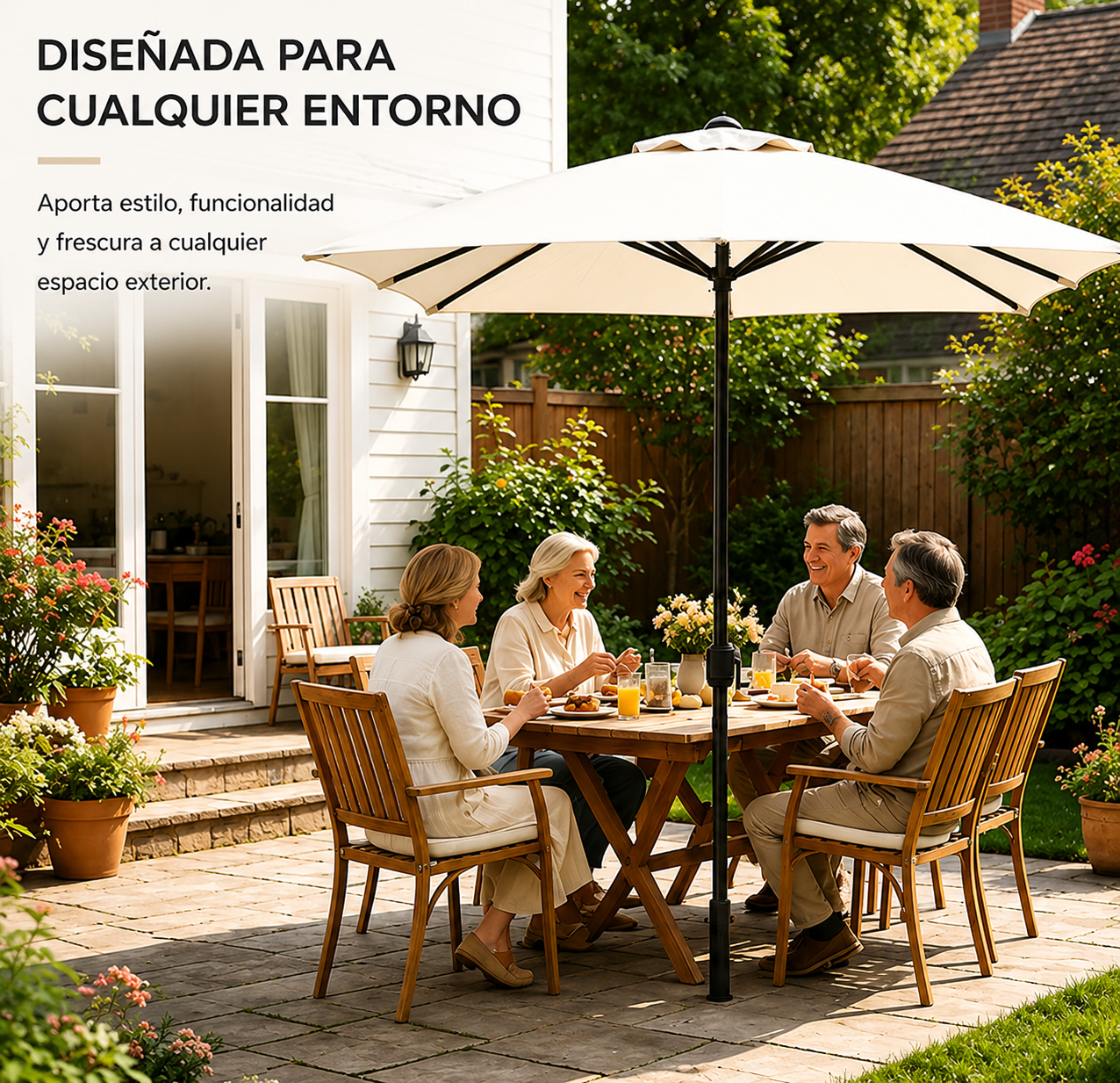 Zentraler Gartenschirm mit Kurbel, UV-Schutz und Stahlgestell, Farbe Beige, ohne Ständer