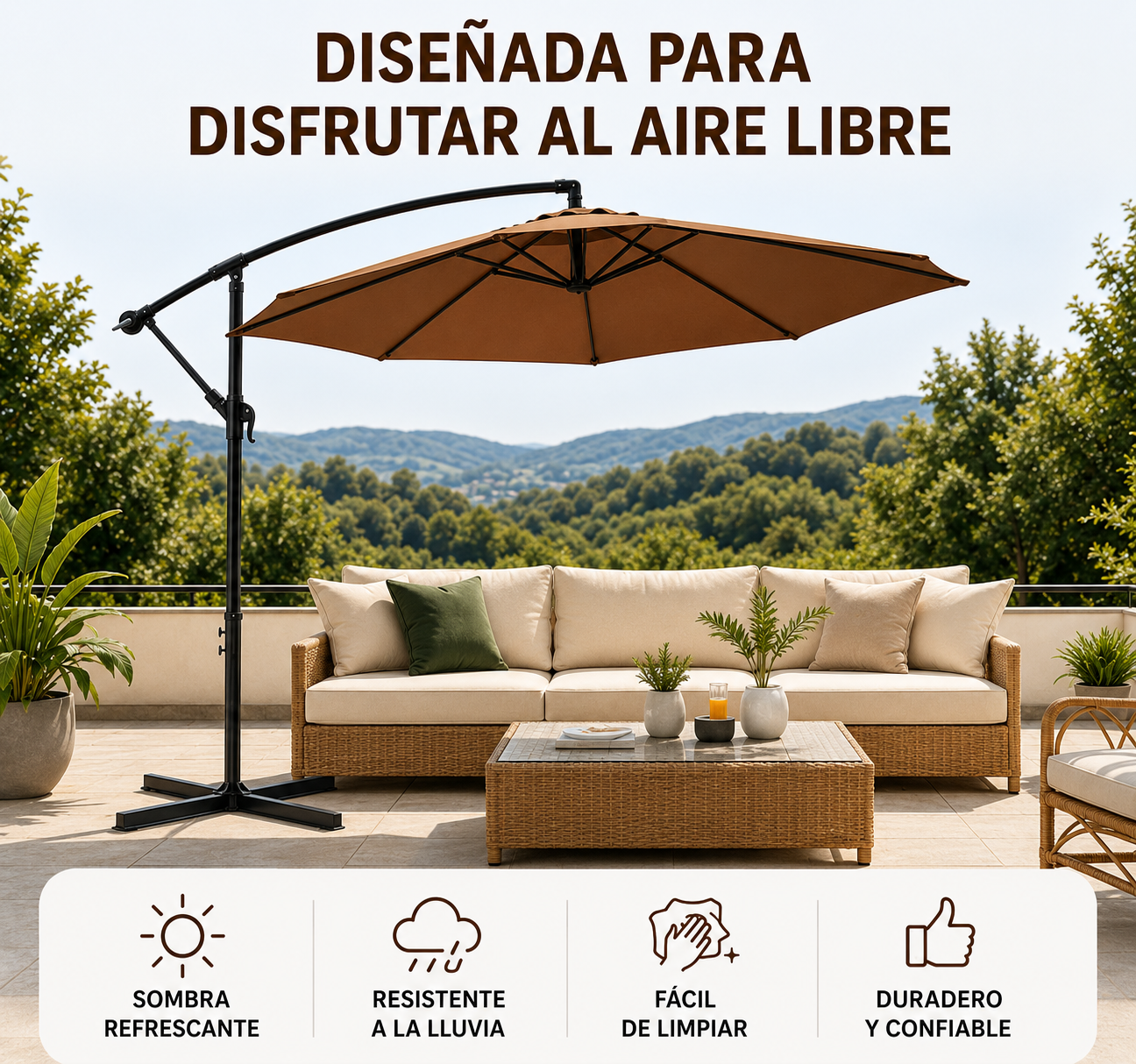 Seitlicher Garten-Sonnenschirm, 360° neigbar, mit seitlichem Mast, Kurbel und UV-Sonnenschutz, khaki, ohne Basis