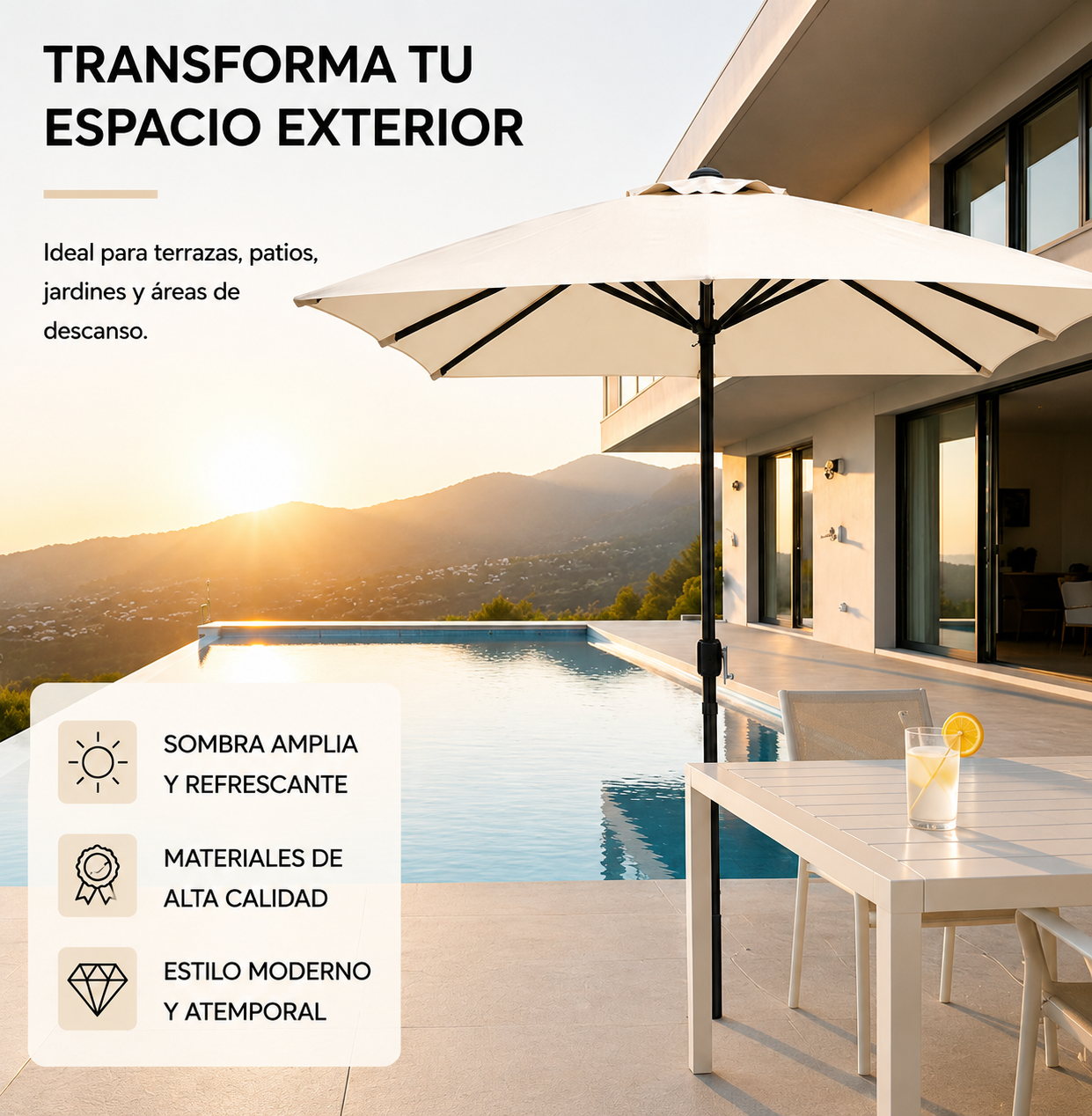 Zentraler Gartenschirm mit Kurbel, UV-Schutz und Stahlgestell, Farbe Beige, ohne Ständer