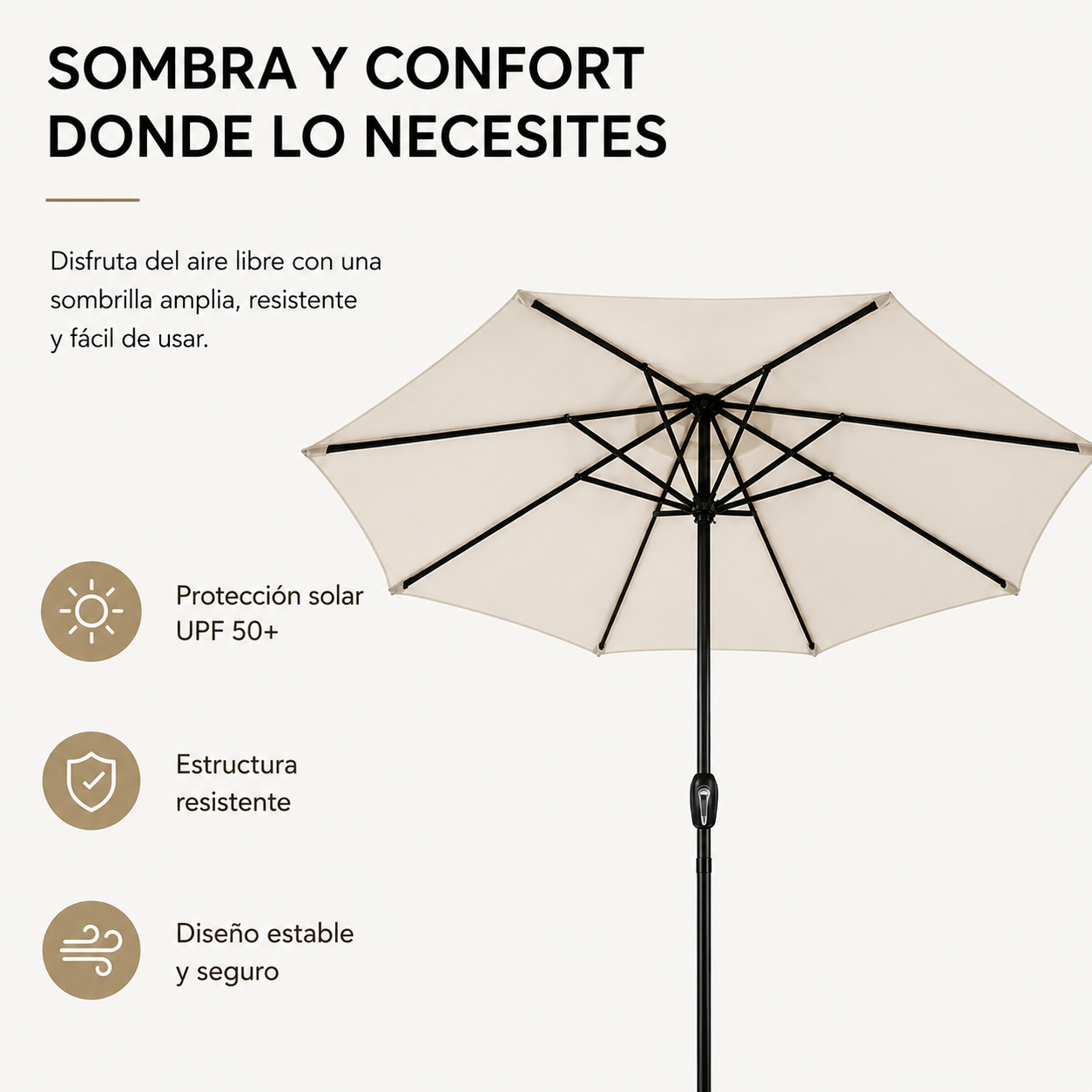 Ombrellone da giardino centrale regolabile con manovella, protezione UV e palo in acciaio colore beige senza base