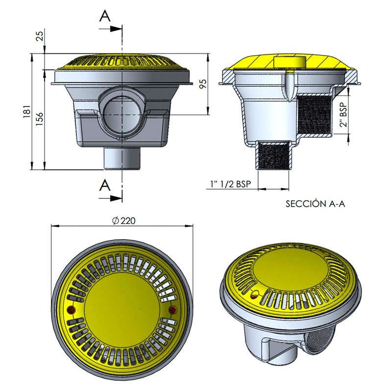 Sumidero circular Ø 200 mm con rejilla antivortex liner y prefabricada AstralPool - BricoandPool
