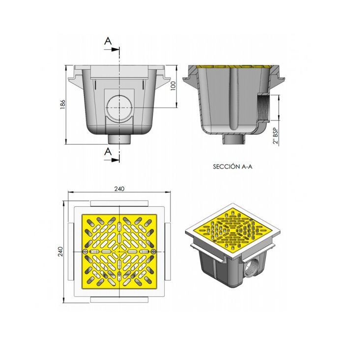 Sumidero con rejilla ABS cuadrado 210 mm x 210 mm AstralPool - BricoandPool