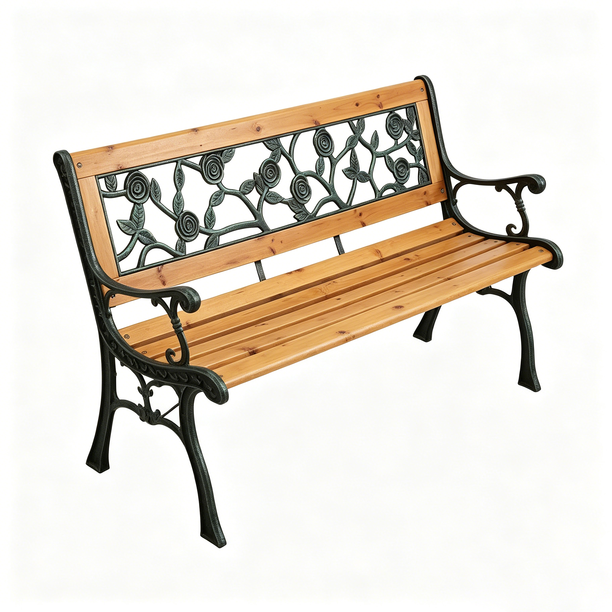 Panca da giardino esterna in legno e metallo con schienale decorativo floreale per terrazza e parco